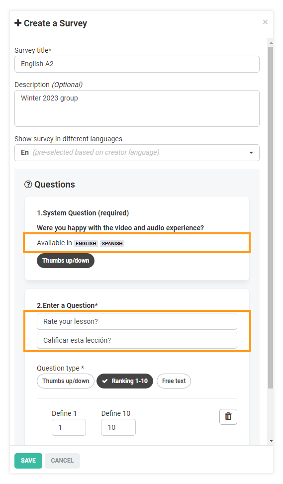 Post-session surveys: Example of a question that uses several languages