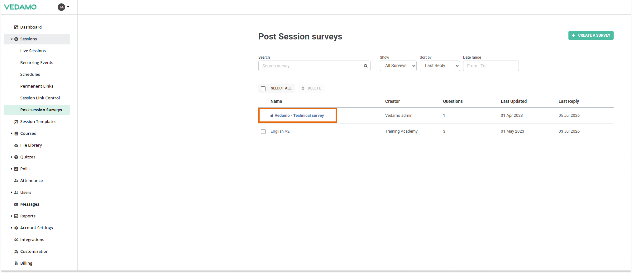 Post-session surveys: The technical survey cant be deleted