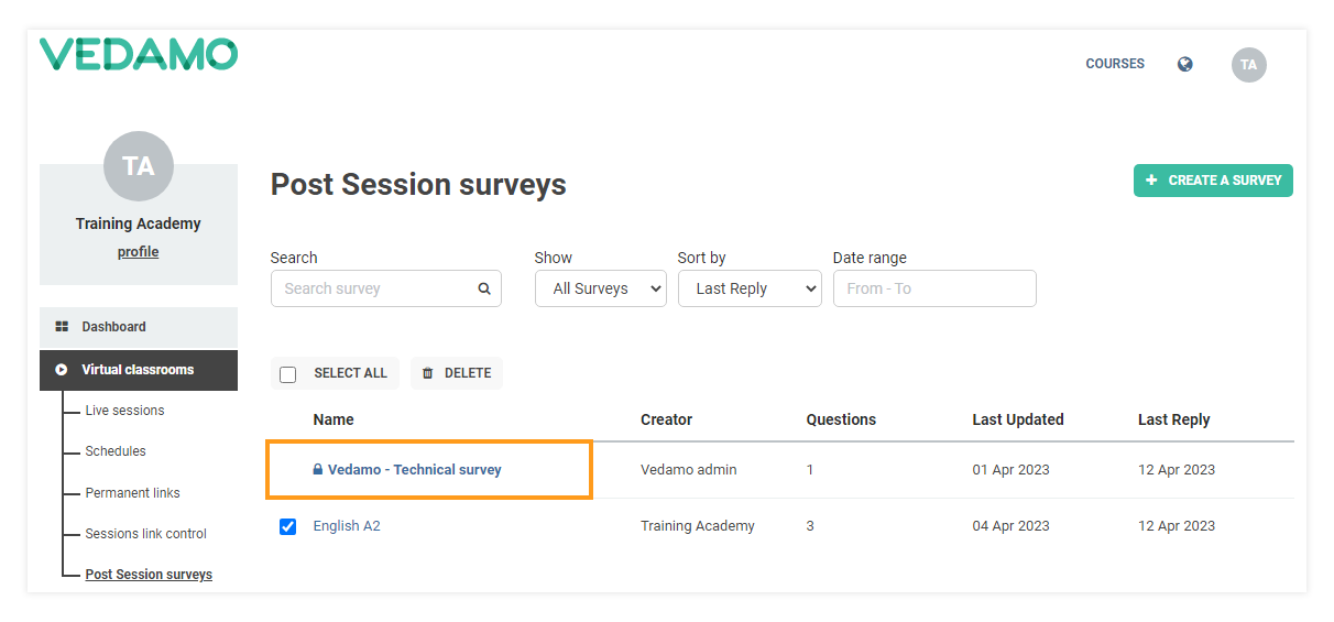 Post-session surveys: The technical survey cant be deleted
