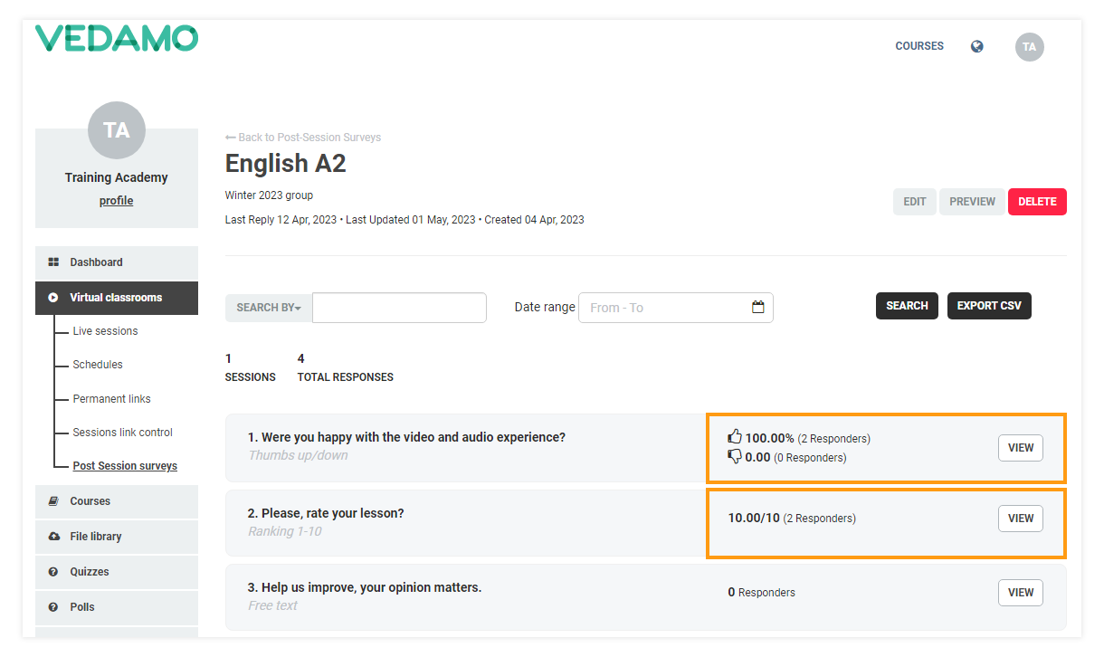 Post-session surveys: View the responses to a question