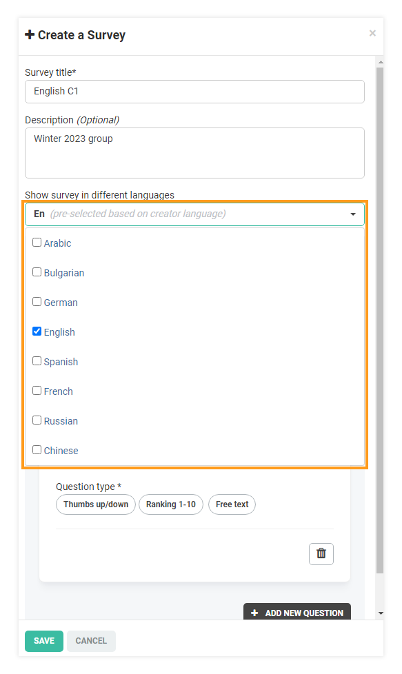 Post-session surveys: Language selection