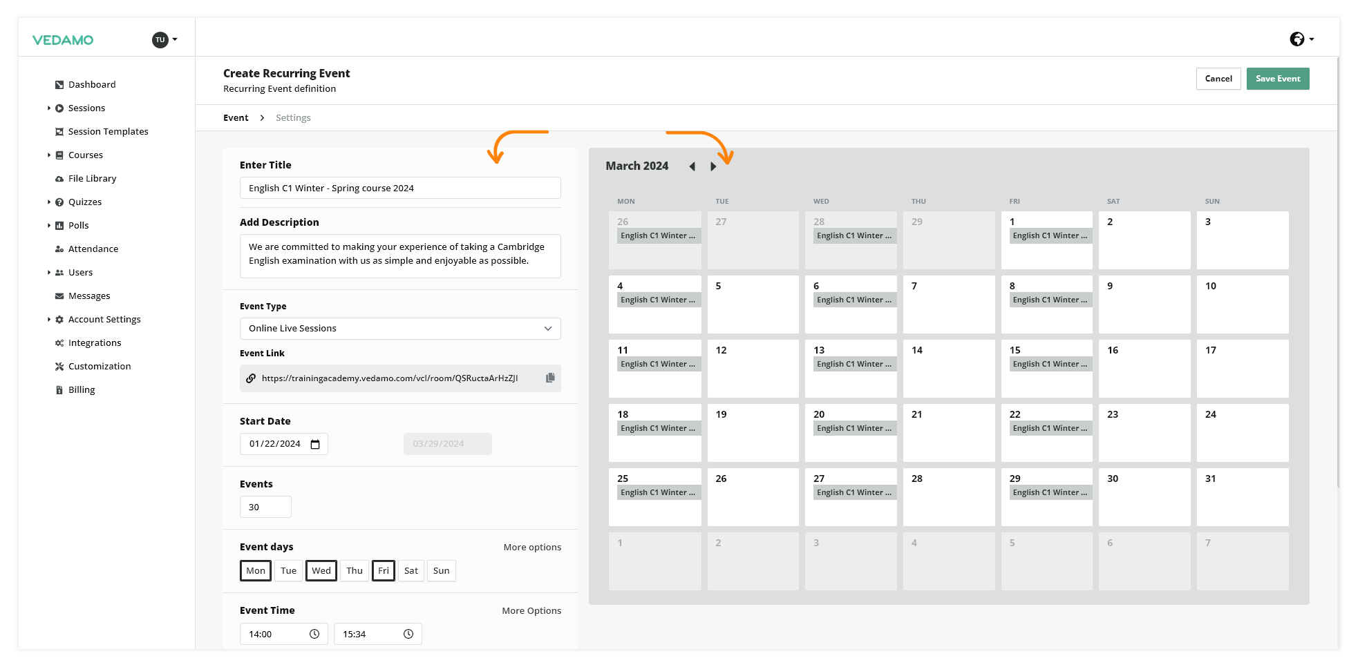 LMS Recurring Events: Create Recurring Event Section