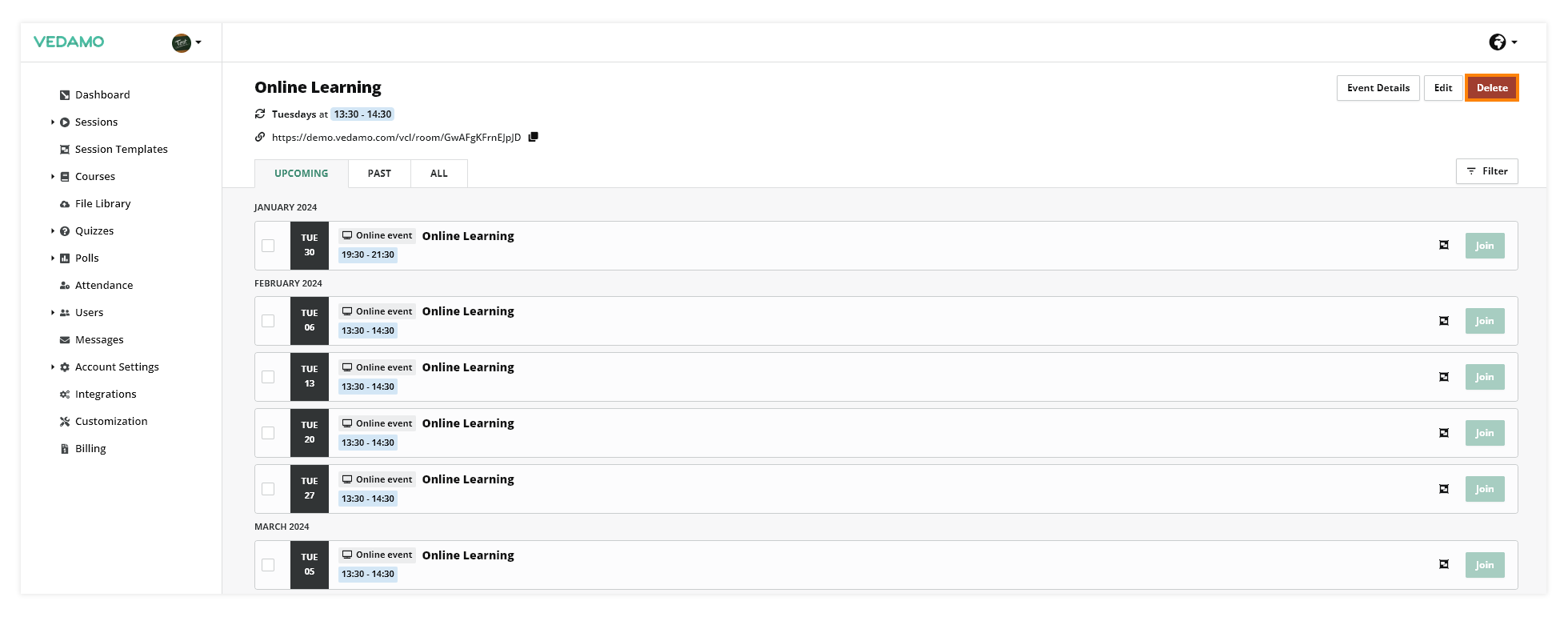 LMS Recurring Events: Deleting a recurring event