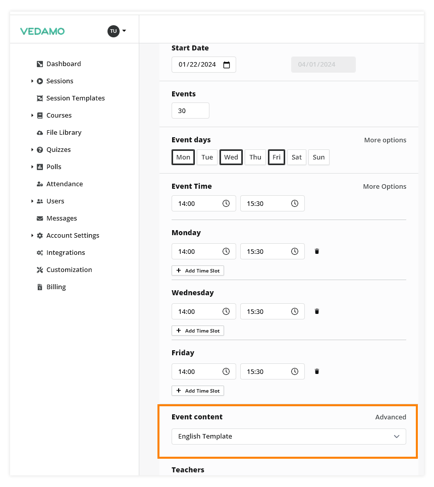 LMS Recurring Events: Add a template to the recurring event