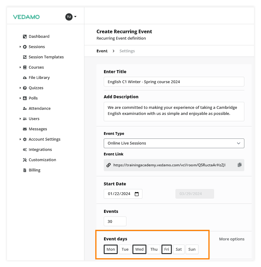 LMS Recurring Events: Choose days and time for the session in the recurring events