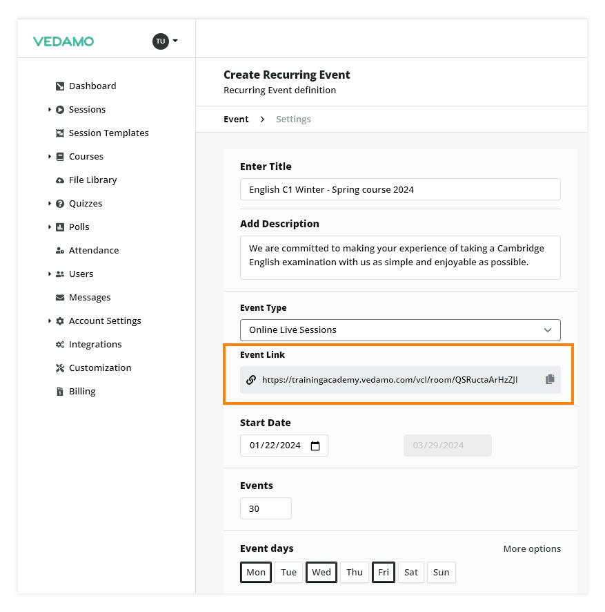 LMS Recurring Events: The permanent link that can be used for every lesson from this particular Recurring Event