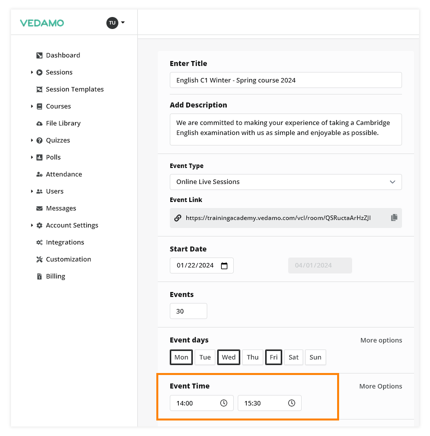 LMS Recurring Events: Set the start/end time for the events