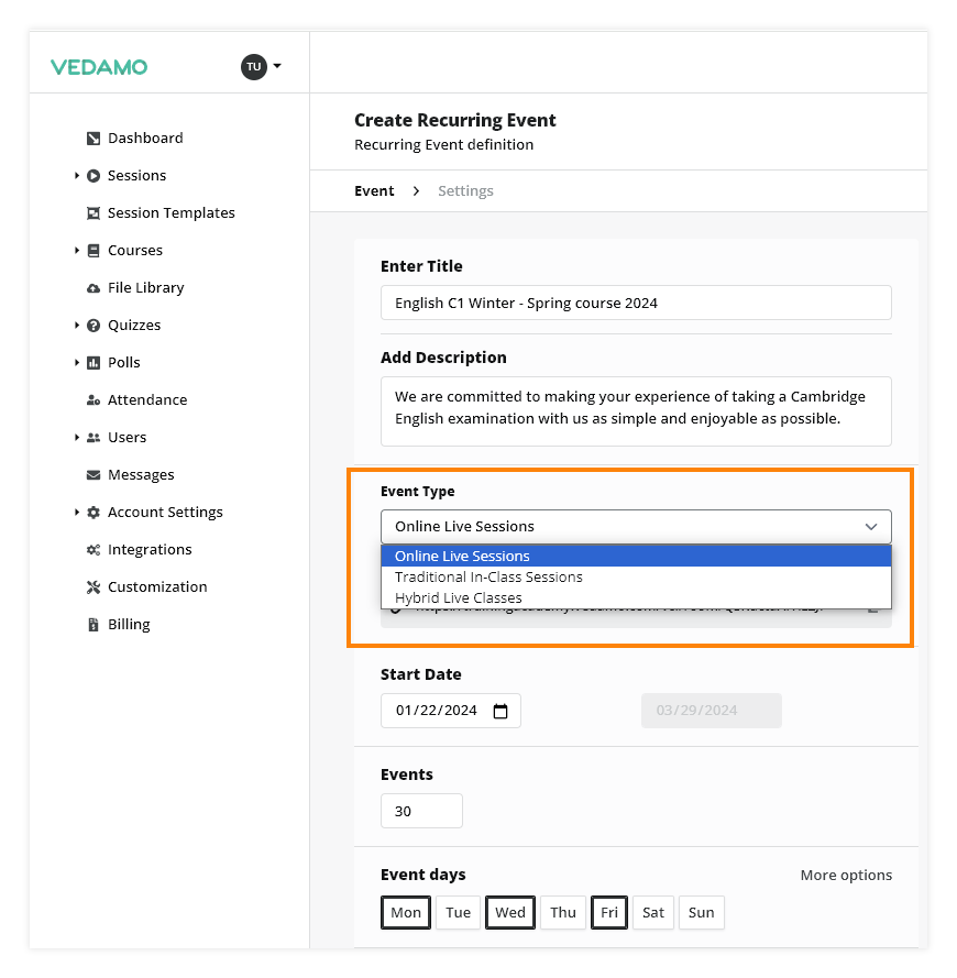 LMS Recurring Events: Choose the event type