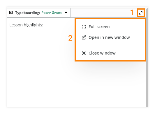 Virtual Classroom Typeboard: Several additional options can be accessed via the button on the right upper corner