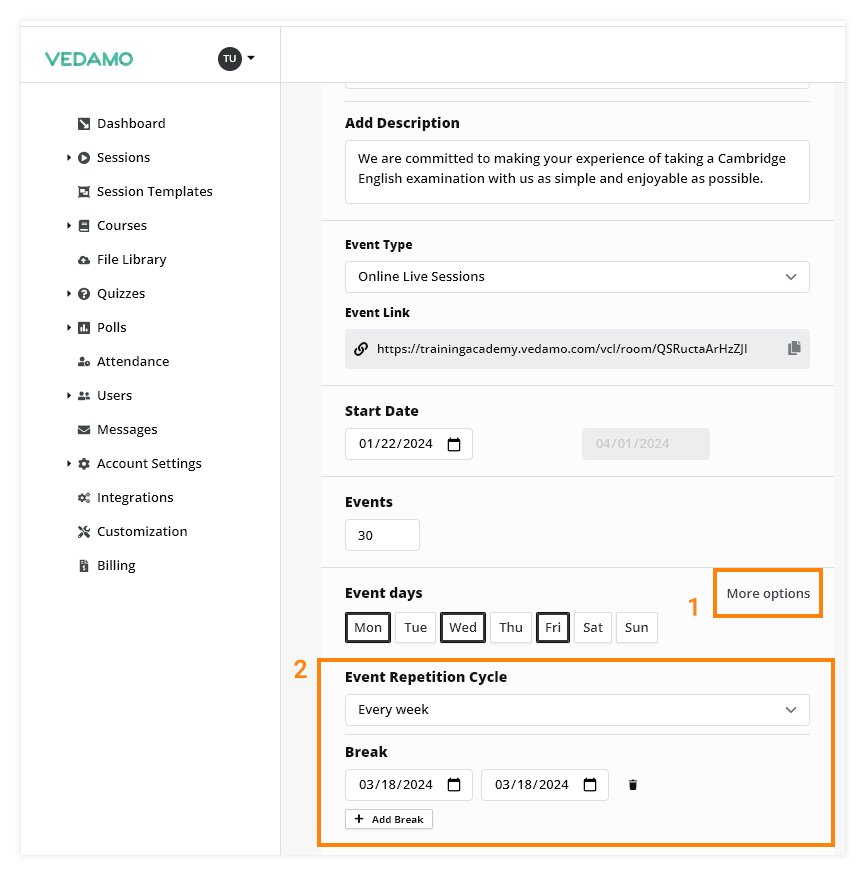 LMS Recurring Events: Set a repetition cycle or a break