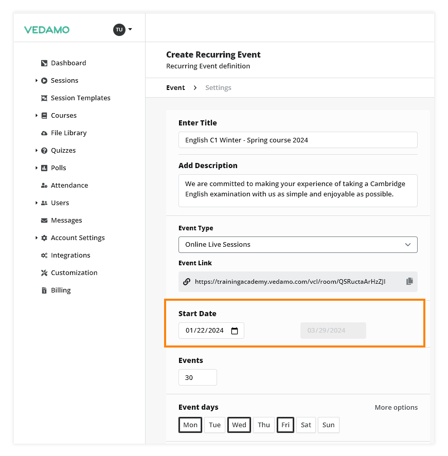 LMS Recurring Events: Choose a Start Date and the number of the events (classes/lessons) that will be included in the Recurring Event