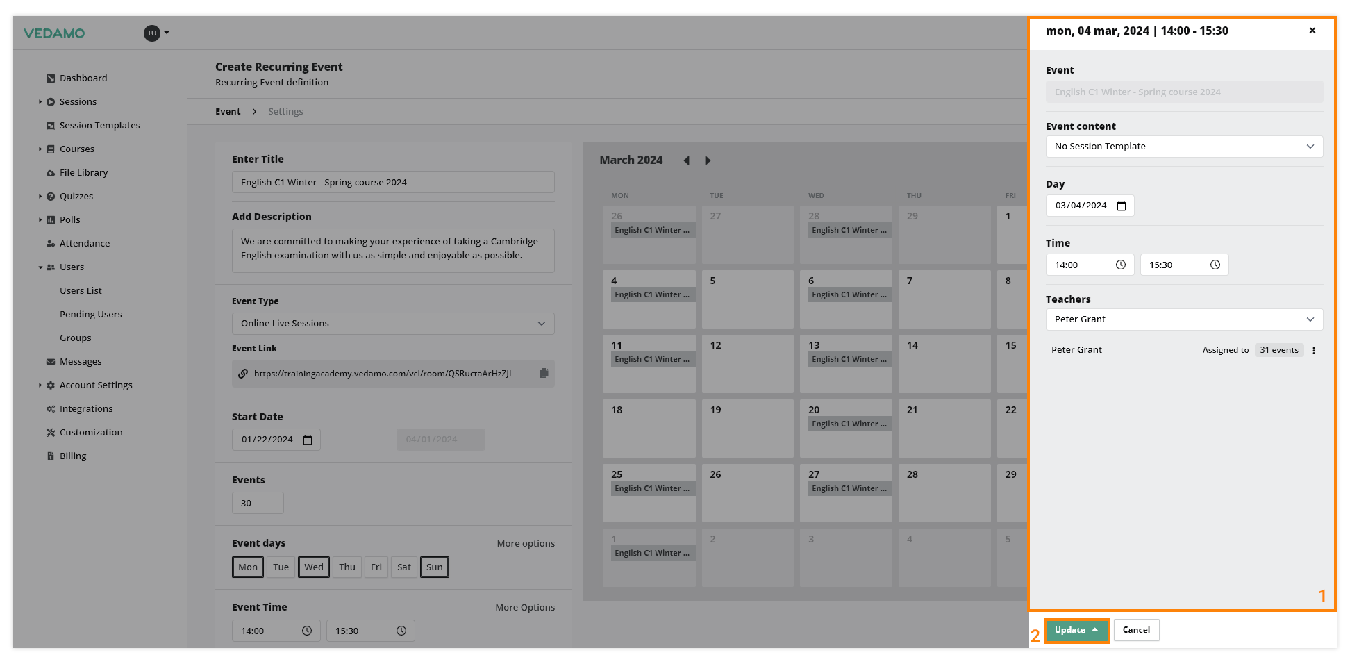 LMS Recurring Events: Editing the settings of a singe event