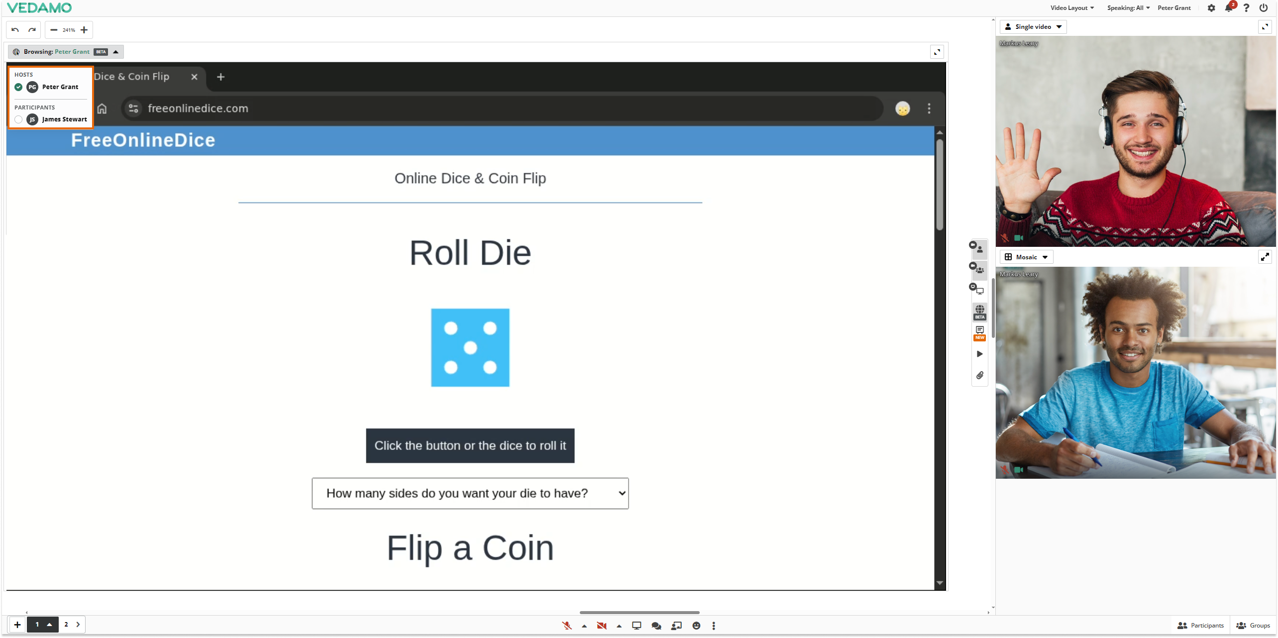 Co-browsing in Vedamo Virtual classroom: The participant control over the Co-browser is located in the drop-down menu