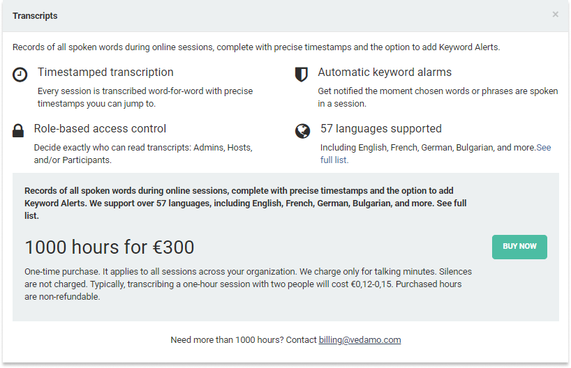 Transcripts in the VEDAMO platform: Additional information screen