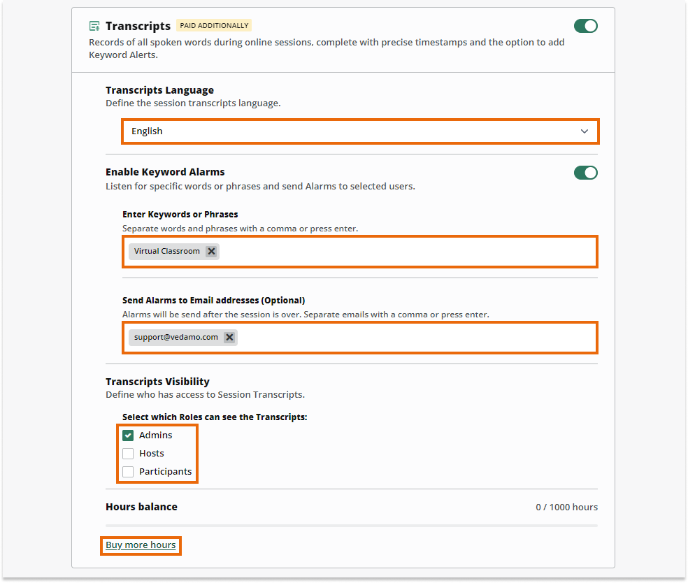 Transcripts in the VEDAMO platform: Keywords/email list/visibility/upgrade fields