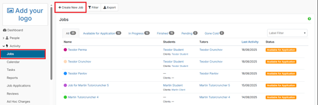 VEDAMO and TutorCruncher integration: Start by creating a new job