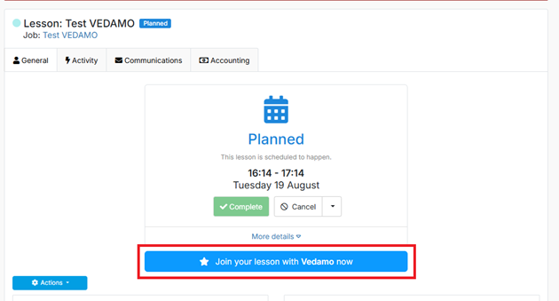 VEDAMO and TutorCruncher integration: Starting the session from the TutorCruncher dashboard