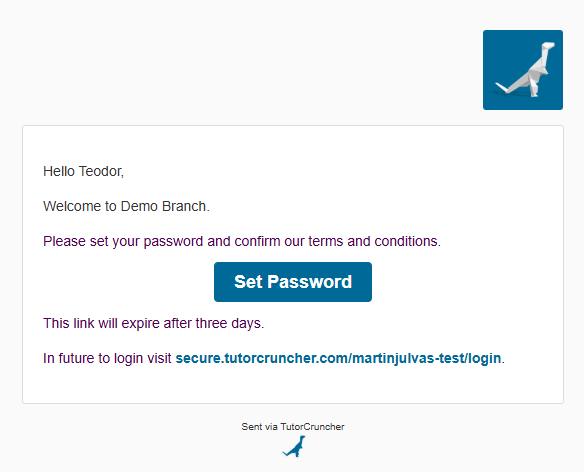 VEDAMO and TutorCruncher integration: Invitation email